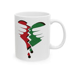Broken Heart Palestine ceramic mug, custom 11oz & 15oz, with a bold red and green broken-heart motif on glossy white.