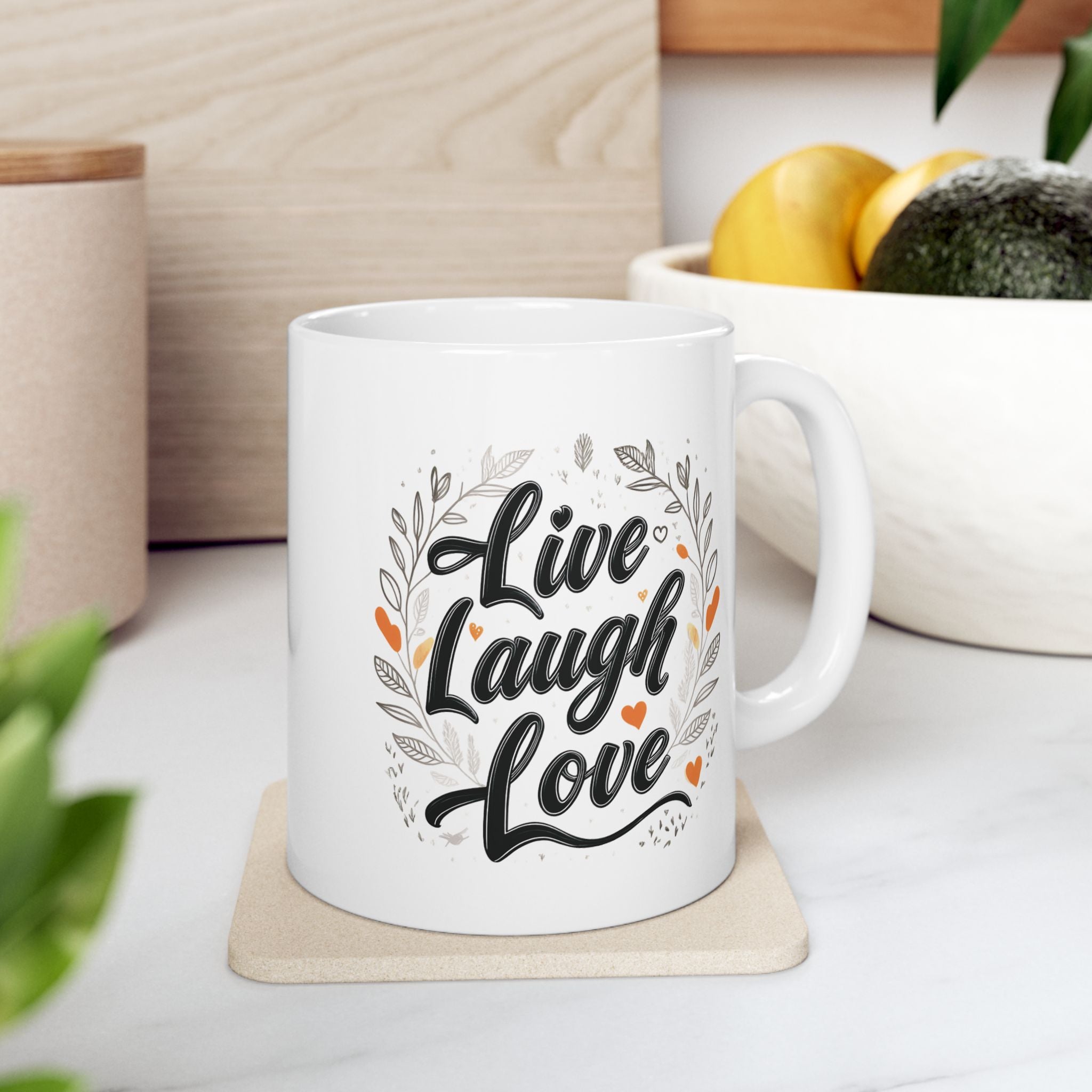 Live, Laugh, Love, Inspirational Ceramic Mug, Cute Floral Coffee Cup, Unique Gift for Her, Motivational Tea Mug, Home Office Decor.