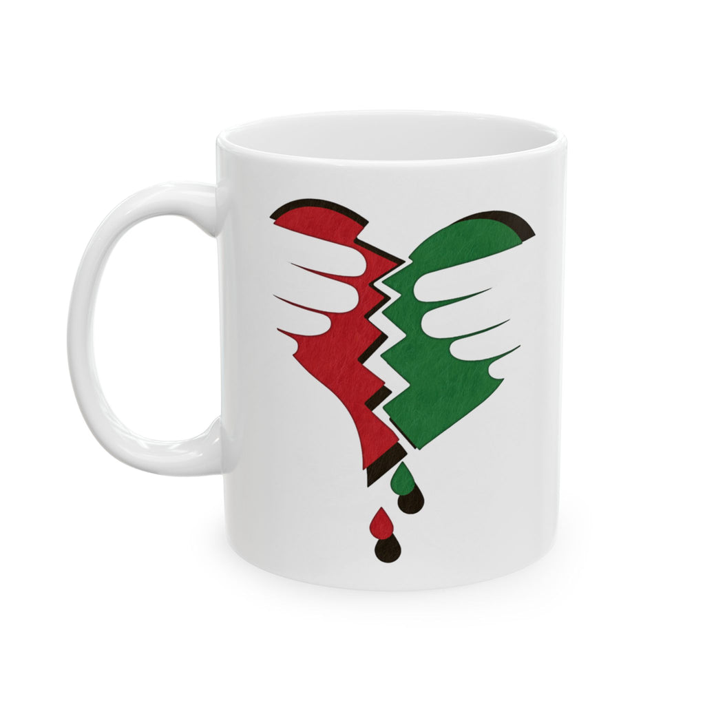 Broken Heart Palestine ceramic mug featuring a vivid red and green torn heart design.
