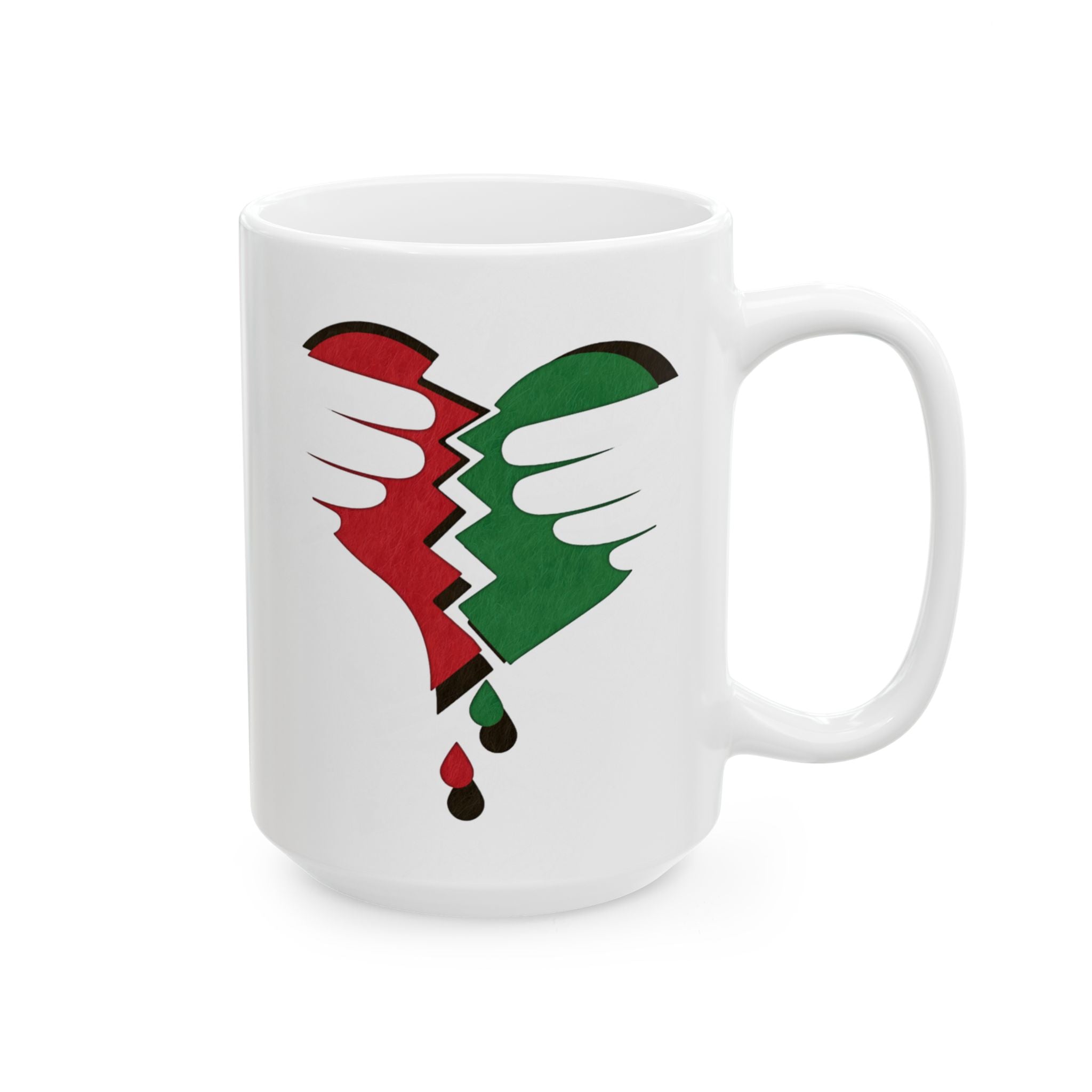 Broken Heart Palestine Ceramic Mug—glossy white 11oz/15oz with vivid red-green broken-heart motif for solidarity