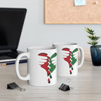 Three glossy white Broken Heart Palestine ceramic mugs with red-green broken-heart motif (11oz/15oz).