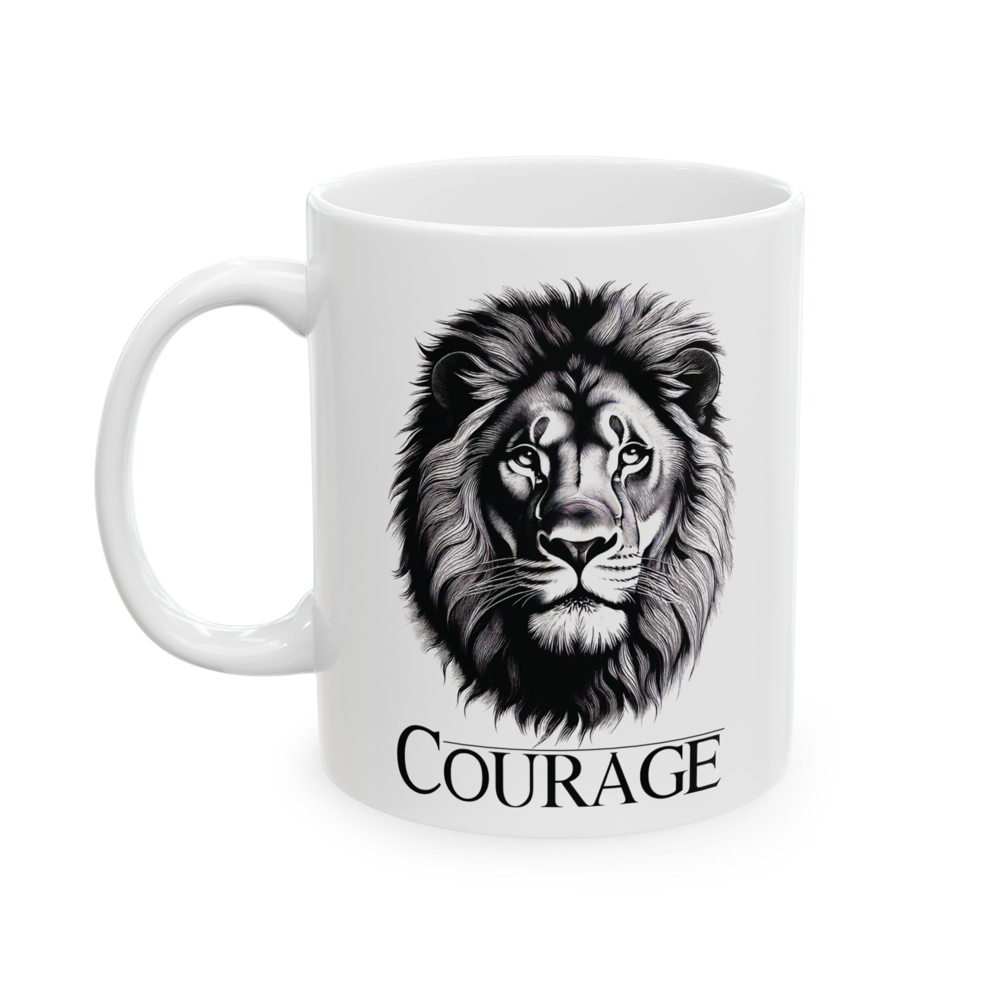 Courage Lion Inspirational Mug, Gift for Him/Her, Motivational Coffee Cup, Lion Lover Present, Brave Animal Quote Kitchen Decor.