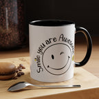 Smile you Are Awesome, Positive Vibes Accent Coffee Mug, Inspirational Mug, Motivational Cup, Gift for Friend, Birthday Present, 11oz, 15oz.
