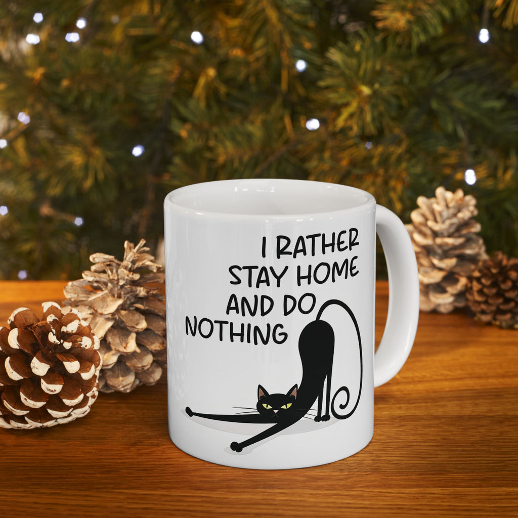 I Rather Stay Home And Do Nothing Ceramic Mug - Funny Cat Design Coffee Cup, Gift for Introverts, Lazy Day Lazy Cat Mug, Cat Lover Gift.