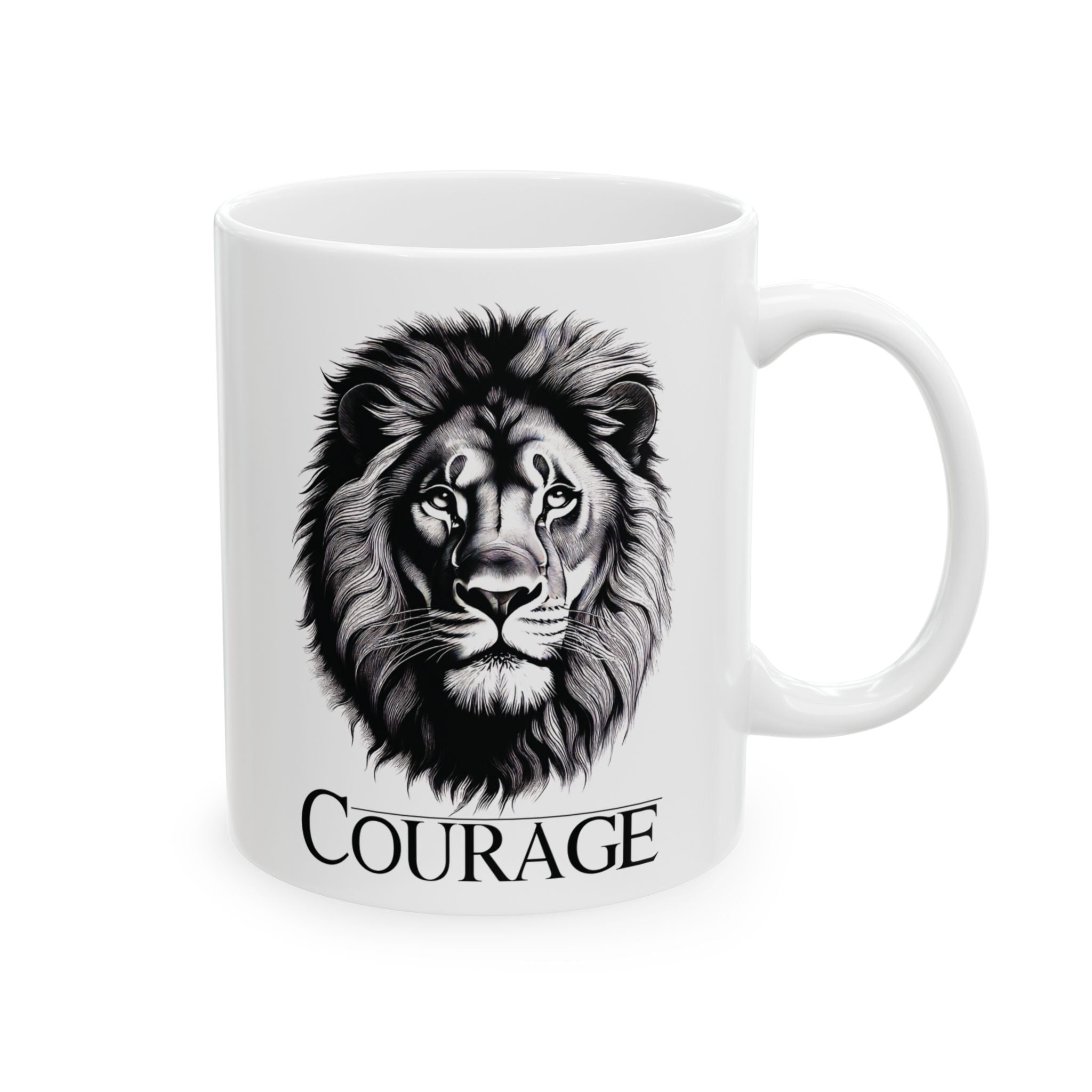 Courage Lion Inspirational Mug, Gift for Him/Her, Motivational Coffee Cup, Lion Lover Present, Brave Animal Quote Kitchen Decor.
