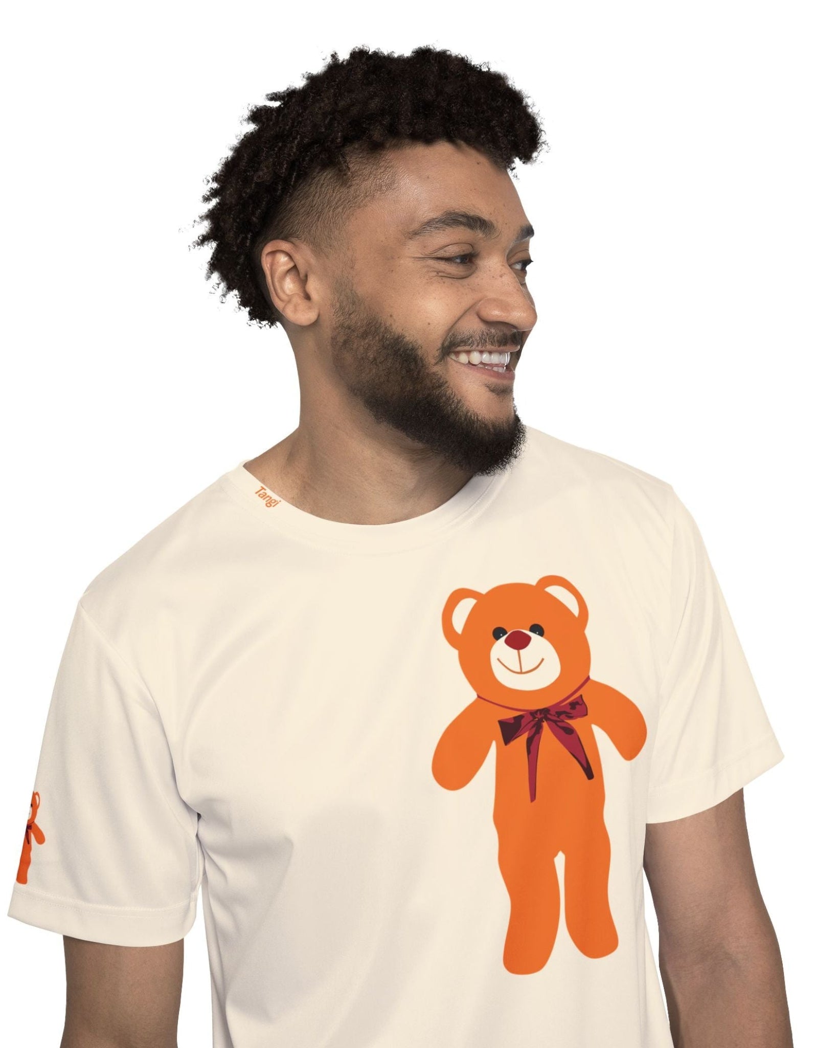 Man wearing a white t-shirt with an orange bear graphic on a white background