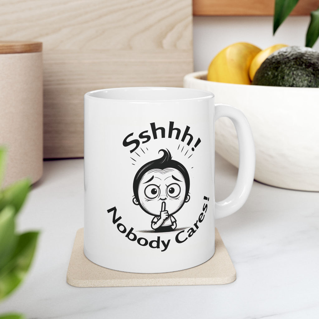 Sshhh! Nobody cares! Funny Slogan Ceramic Mug, Unique Tea Cup Gift Idea, Coffee Lover Gift, Office Humor Cup, Sarcastic Quote Mug.