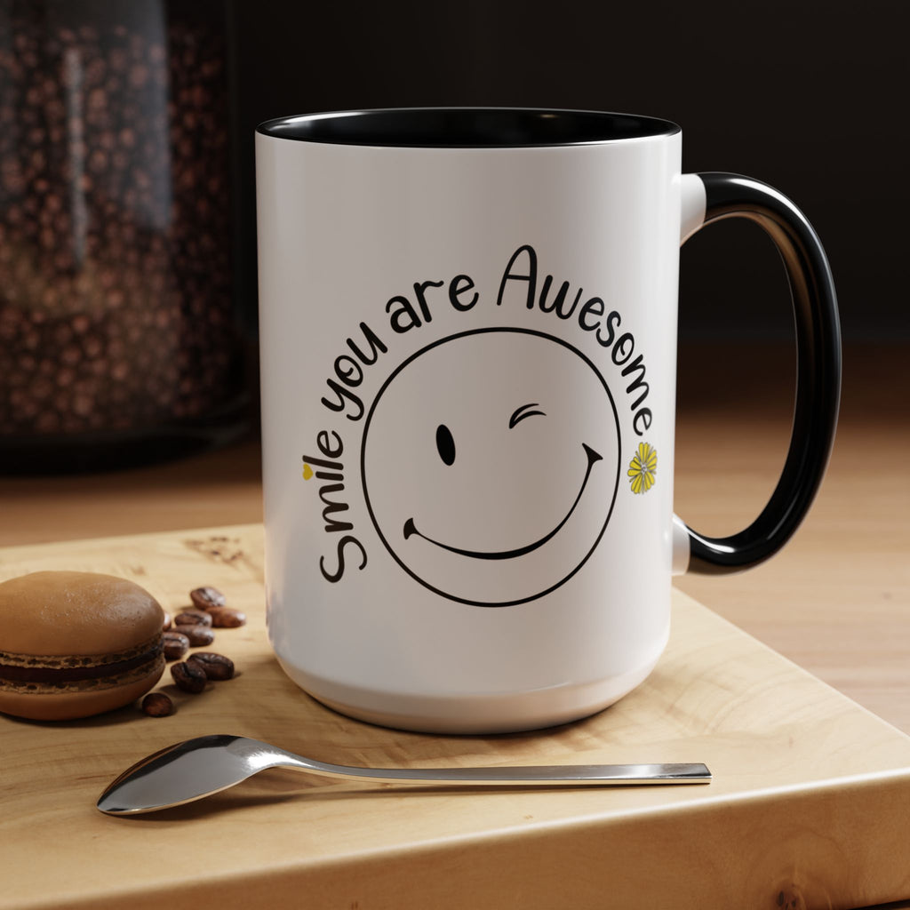 Smile you Are Awesome, Positive Vibes Accent Coffee Mug, Inspirational Mug, Motivational Cup, Gift for Friend, Birthday Present, 11oz, 15oz.
