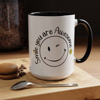 Smile you Are Awesome, Positive Vibes Accent Coffee Mug, Inspirational Mug, Motivational Cup, Gift for Friend, Birthday Present, 11oz, 15oz.