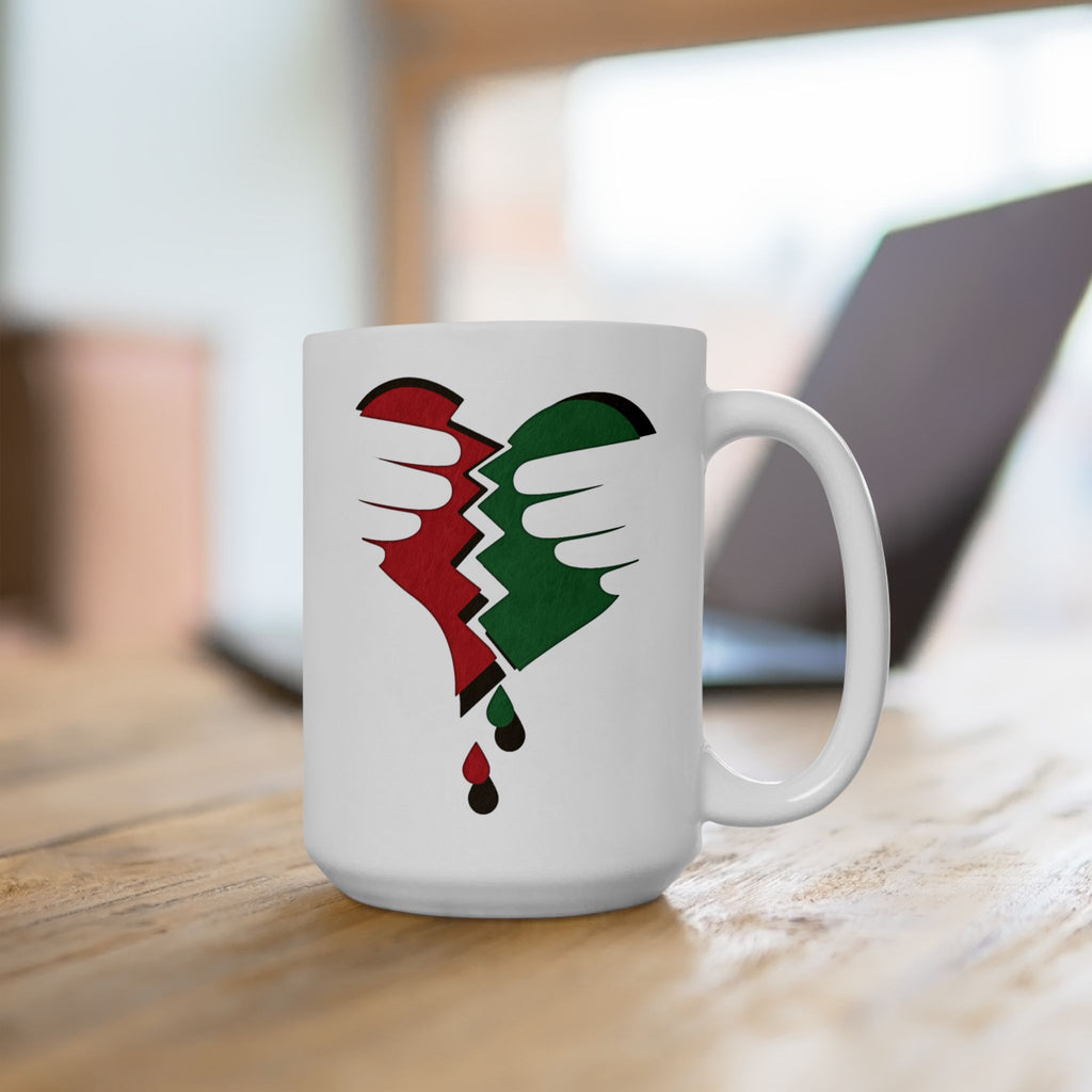 Glossy white ceramic mug with a bold red-green broken-heart Palestine design, 11oz or 15oz.