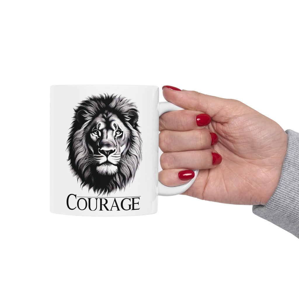 Courage Lion Inspirational Mug, Gift for Him/Her, Motivational Coffee Cup, Lion Lover Present, Brave Animal Quote Kitchen Decor.