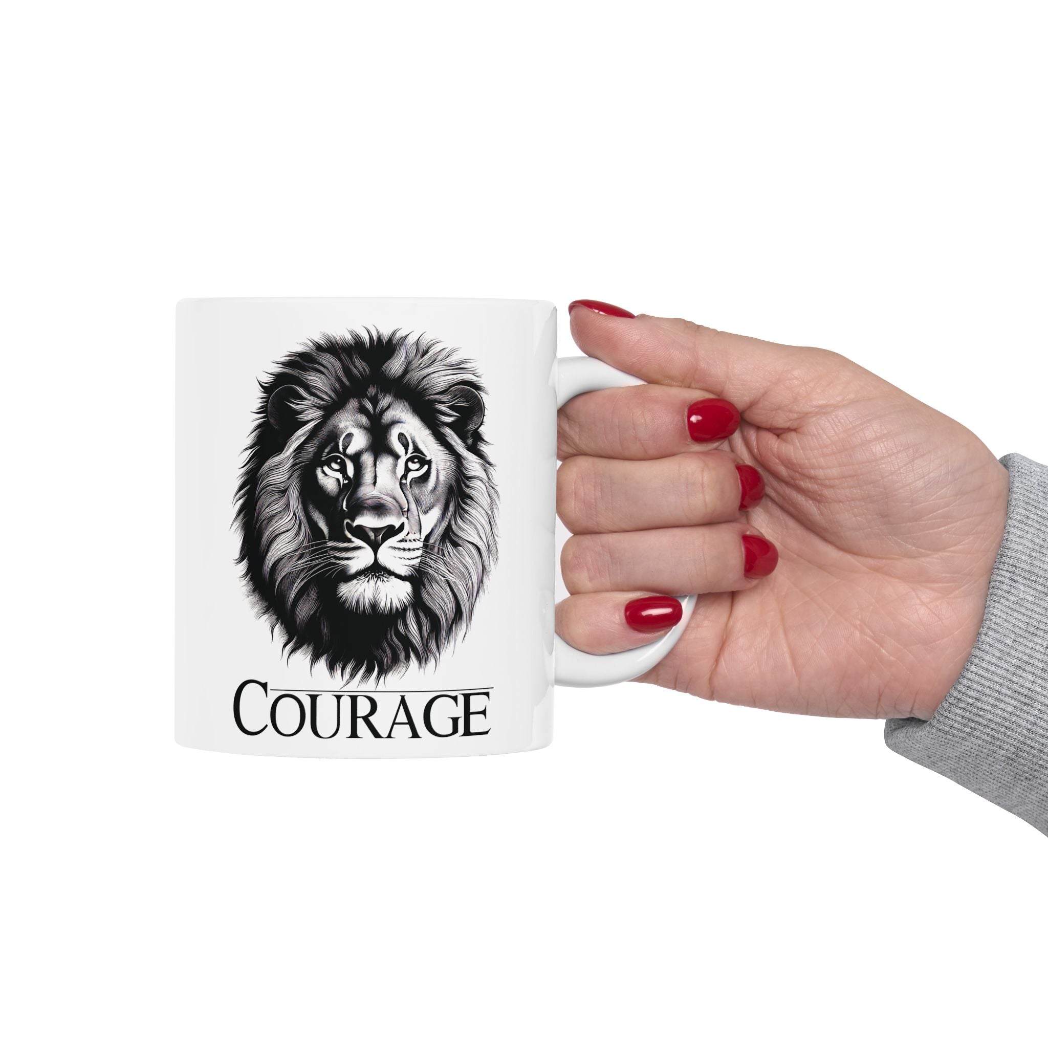 Courage Lion Inspirational Mug, Gift for Him/Her, Motivational Coffee Cup, Lion Lover Present, Brave Animal Quote Kitchen Decor.
