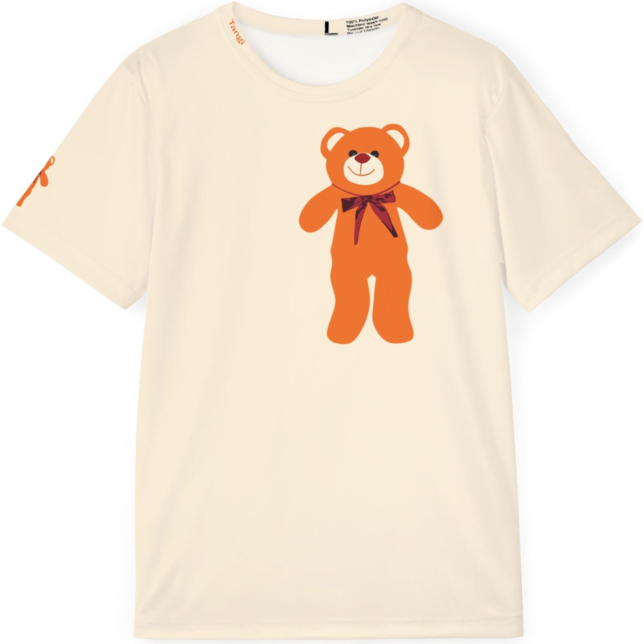 Beige t-shirt with an orange teddy bear graphic on a white background
