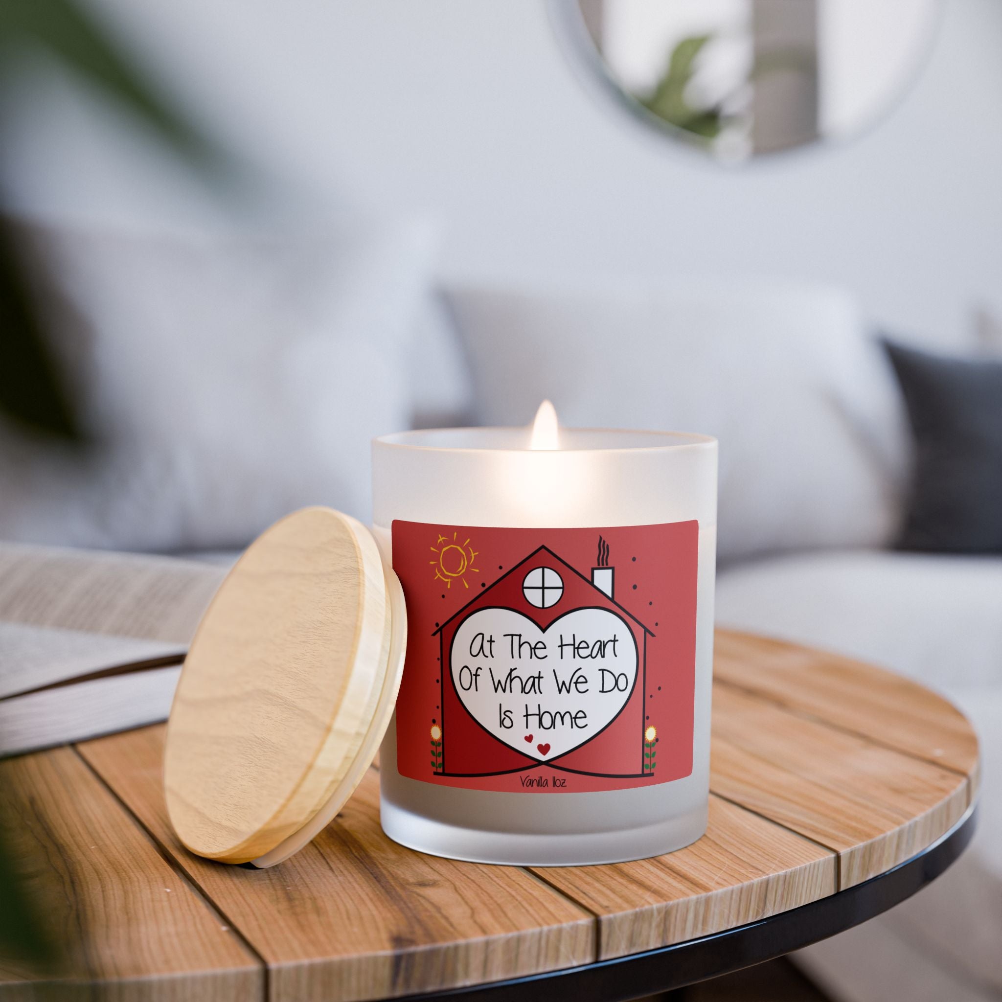 At The heart Of What We Do is Home, Frosted Glass Candle, 11oz. Home Decor, Aromatherapy, Inspirational Gift, Housewarming Present.