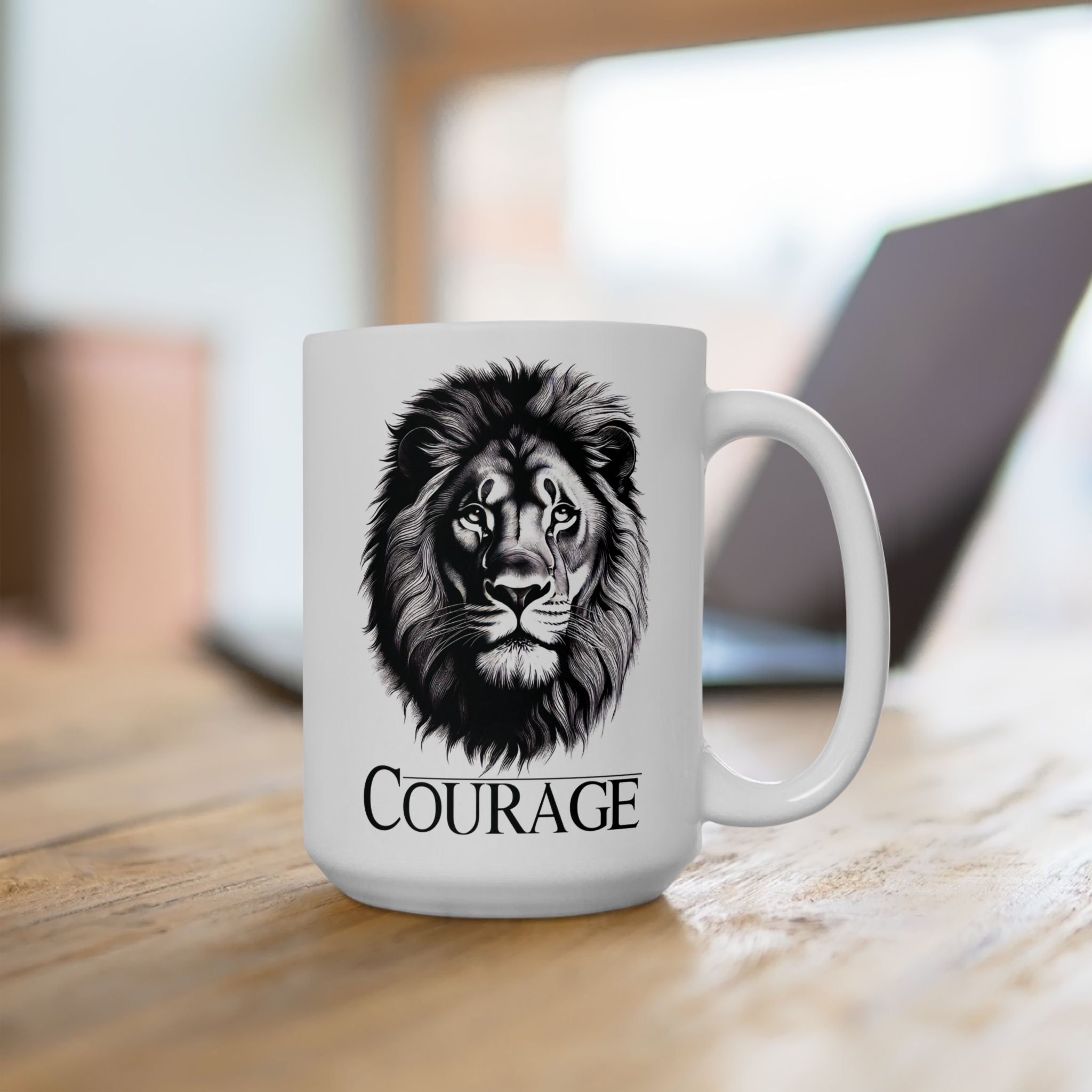 Courage Lion Inspirational Mug, Gift for Him/Her, Motivational Coffee Cup, Lion Lover Present, Brave Animal Quote Kitchen Decor.