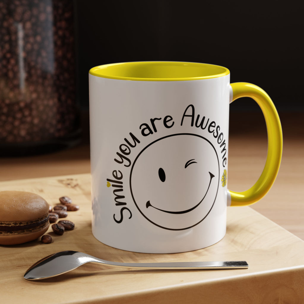 Smile you Are Awesome, Positive Vibes Accent Coffee Mug, Inspirational Mug, Motivational Cup, Gift for Friend, Birthday Present, 11oz, 15oz.