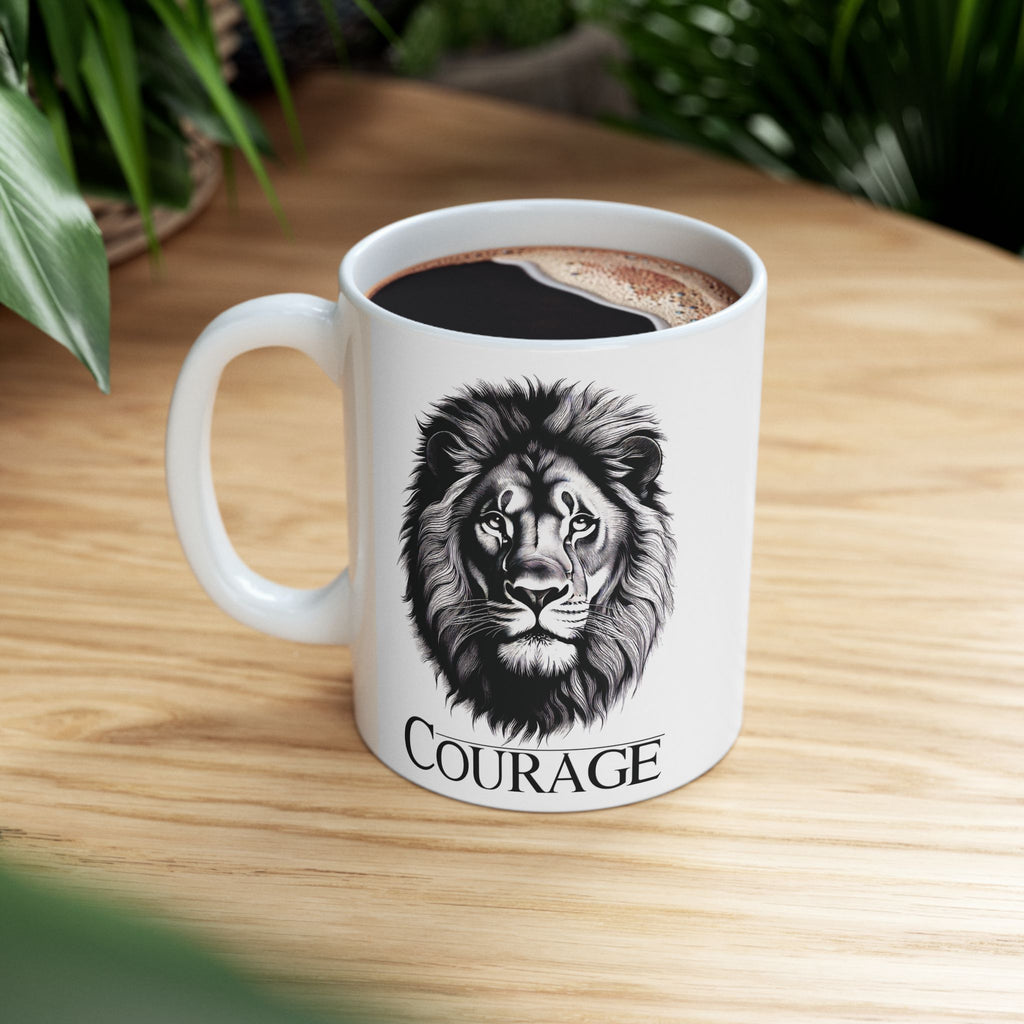 Courage Lion Inspirational Mug, Gift for Him/Her, Motivational Coffee Cup, Lion Lover Present, Brave Animal Quote Kitchen Decor.