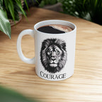 Courage Lion Inspirational Mug, Gift for Him/Her, Motivational Coffee Cup, Lion Lover Present, Brave Animal Quote Kitchen Decor.