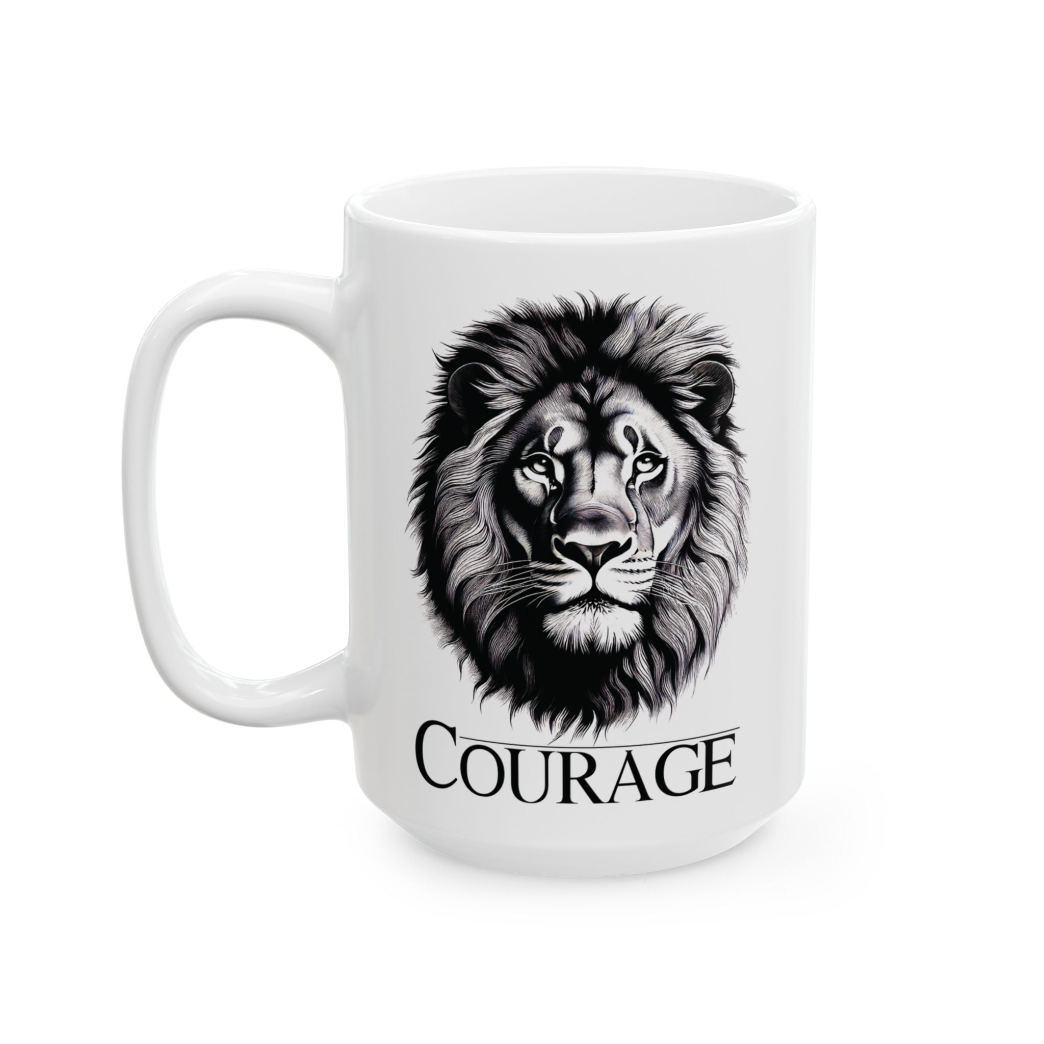 Courage Lion Inspirational Mug, Gift for Him/Her, Motivational Coffee Cup, Lion Lover Present, Brave Animal Quote Kitchen Decor.