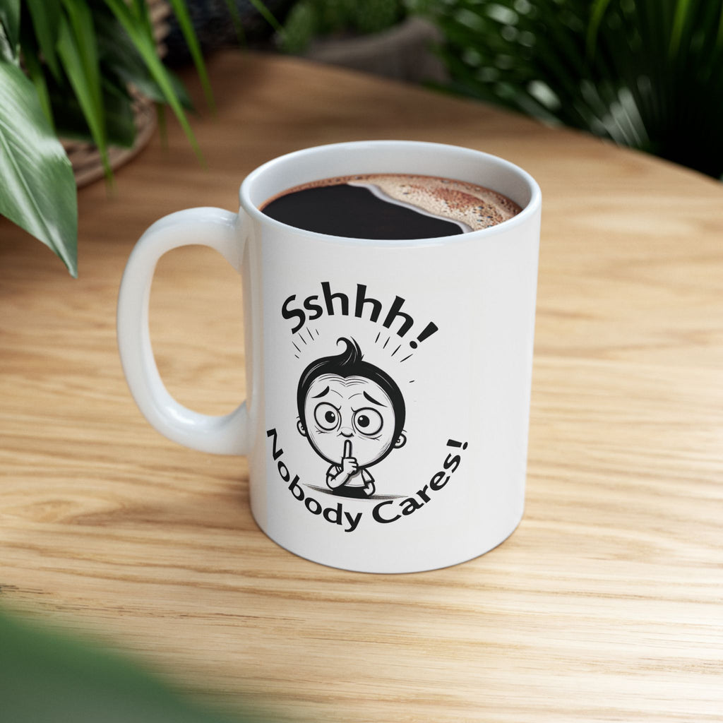 Sshhh! Nobody cares! Funny Slogan Ceramic Mug, Unique Tea Cup Gift Idea, Coffee Lover Gift, Office Humor Cup, Sarcastic Quote Mug.