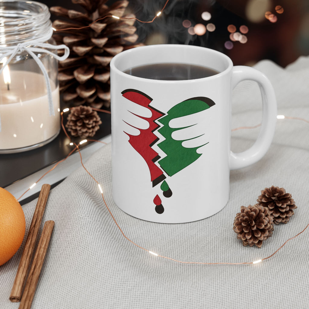 Broken Heart Palestine ceramic mug with vivid red-green broken-heart design, a solidarity keepsake.
