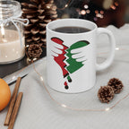 Broken Heart Palestine ceramic mug with vivid red-green broken-heart design, a solidarity keepsake.