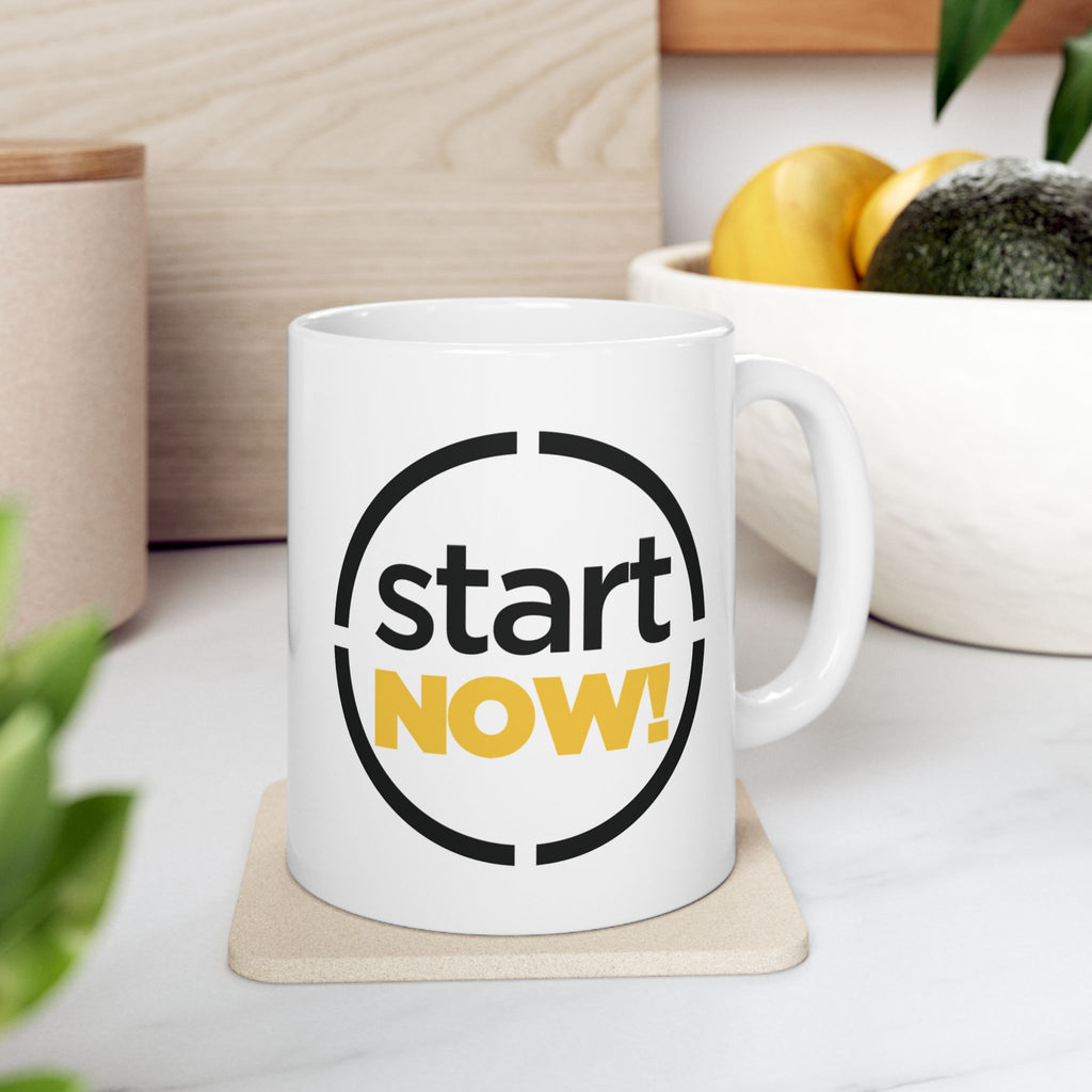 Start Now round badge Mug | Motivational typography coffee cup