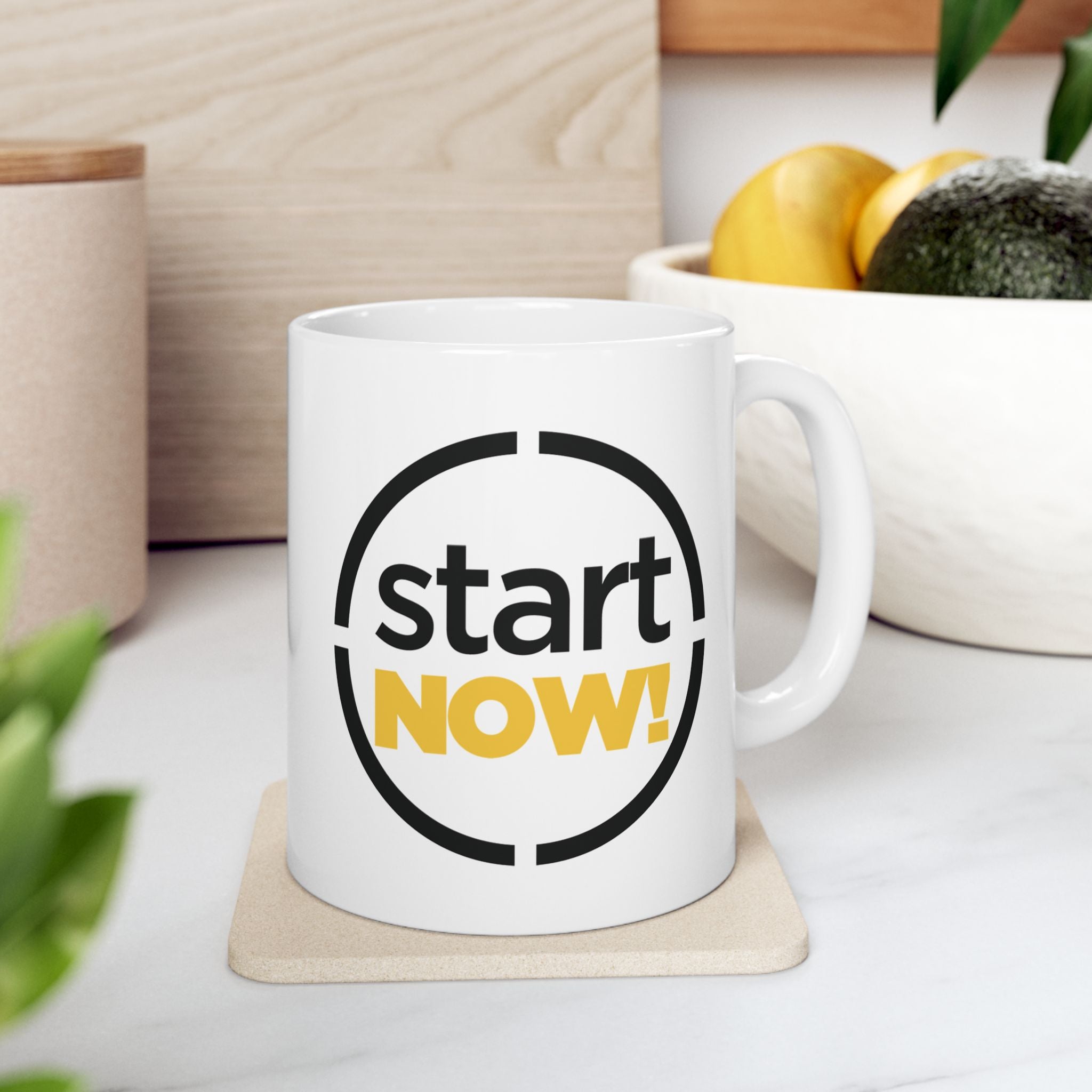 Start Now round badge Mug | Motivational typography coffee cup