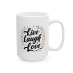 Live, Laugh, Love, Inspirational Ceramic Mug, Cute Floral Coffee Cup, Unique Gift for Her, Motivational Tea Mug, Home Office Decor.